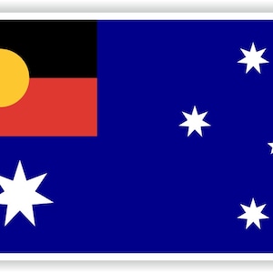 May include: An Australian flag with a blue background, a red, black, and yellow Aboriginal flag in the top left corner, and seven white stars in the constellation of the Southern Cross.