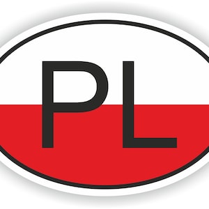 Può includere: Adesivo ovale con il design della bandiera polacca. La metà superiore è bianca, la metà inferiore è rossa e le lettere "PL" sono nere, centrate sull'adesivo. L'adesivo ha un bordo bianco e un'ombra.