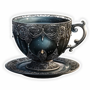 Puede incluir: Una pegatina decorativa con una taza de té y un platillo de color verde oscuro. La taza y el platillo están adornados con intrincados diseños de filigrana plateada y detalles de joyas. La taza tiene un asa curvada y un borde detallado.
