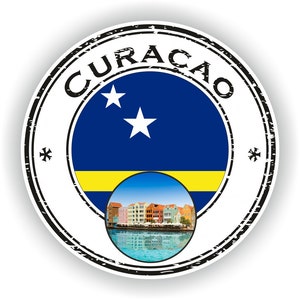 May include: A round, black and white stamp with the word "CURACAO" in a circle around the flag of Curacao. The flag is blue with two white stars and a yellow stripe. The stamp also includes a small image of colourful buildings in Curacao.