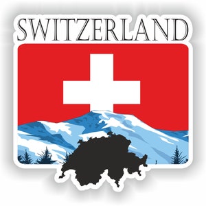 May include: A red, white, and blue sticker with the word "SWITZERLAND" at the top. The sticker features a white cross on a red background, a snowy mountain range, and a black silhouette of Switzerland.