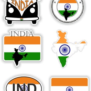 May include: A set of six stickers featuring different designs related to India. The stickers include a van with the word "INDIA" on it, a round sticker with the Indian flag and the word "INDIA" around it, a rectangular sticker with the Indian flag and the word "INDIA" above it, a sticker of the outline of India with the Indian flag inside, a round sticker with the word "IND" and the Indian flag colors, and a rectangular sticker with the Indian flag.
