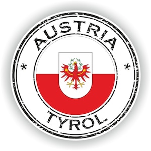 Könnte beinhalten: Ein schwarzer und weißer runder Stempel mit dem Text "AUSTRIA TYROL" und einer rot-weißen Flagge mit einem schwarzen Adler in der Mitte.