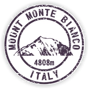 May include: A distressed, circular stamp with the text "Mount Monte Bianco Italy" and the number "4808m" in the center. The stamp features a stylized image of a mountain.