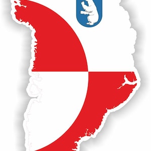May include: A sticker in the shape of Greenland, showing the Greenlandic flag. The flag is split horizontally, with a white top and a red bottom. A blue shield with a polar bear is in the top right corner.