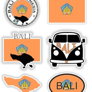 May include: A set of five stickers featuring the word "Bali" and the Indonesian flag. The stickers are in various shapes and sizes, including a round sticker, a square sticker, a rectangular sticker, a van sticker, and an oval sticker.