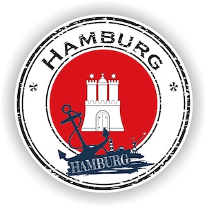 May include: A distressed, circular stamp with the word "HAMBURG" in black text around the edge. The centre of the stamp features a red background with a white building and three stars. A blue anchor and the word "HAMBURG" in white text are below the building.