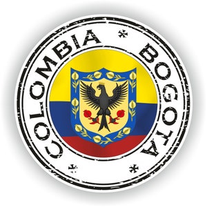 Peut inclure: Un timbre circulaire noir et blanc avec le texte "COLOMBIA BOGOTA" autour du bord. Le centre du timbre présente le drapeau de la Colombie, qui est jaune, bleu et rouge avec un blason au centre.