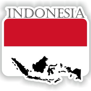 May include: A red and white sticker with the word "INDONESIA" in black text at the top. The bottom of the sticker shows a black silhouette of the islands of Indonesia.