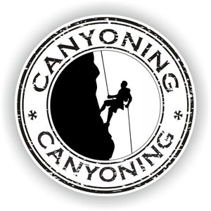May include: Black and white distressed circular stamp with the text "Canyoning" around the edge. A silhouette of a person rappelling down a cliff is in the center.