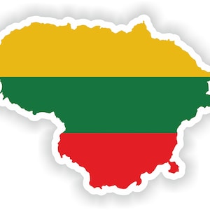 May include: A sticker of the country of Lithuania with the Lithuanian flag colors: yellow, green, and red.