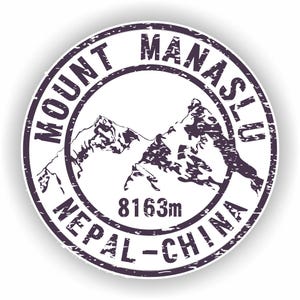 May include: A circular sticker featuring a mountain range illustration with the text "Mount Manaslu Nepal-China" in a distressed font. The sticker also includes the elevation "8163m". The design is in shades of purple and white.