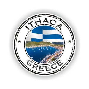 May include: A black and white circular stamp with the text "ITHACA GREECE" and a small Greek flag and a photo of a harbor with boats in the center.