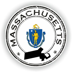 May include: A black and white distressed circular stamp with the text "MASSACHUSETTS" around the edge. The center of the stamp features the state seal of Massachusetts, which includes a blue shield with a gold star, a yellow-clad figure holding a bow and arrow, and the Latin phrase "ENSE PETIT PLACIDAM SUB LIBERTATE QUIETEM". The state outline of Massachusetts is also depicted in black.
