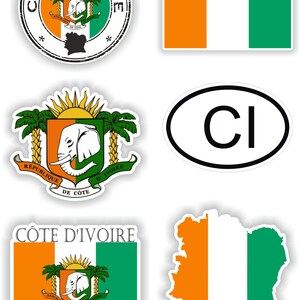Op de afbeelding: Een set stickers met de vlag van Ivoorkust, het wapen van het land en de naam van het land in het Frans. De stickers zijn in verschillende vormen en maten, waaronder een ronde sticker, een rechthoekige sticker en een ovale sticker.