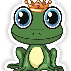 Puede incluir: Una rana de dibujos animados con una corona dorada con una joya roja en la parte superior. La rana tiene ojos grandes azules y un cuerpo verde.