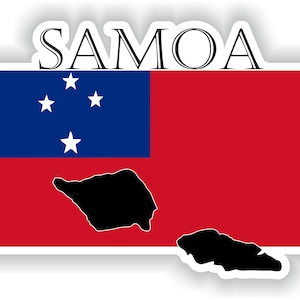 May include: A sticker featuring the flag of Samoa, with the word "SAMOA" printed above the flag. The flag is blue and red with five white stars on the blue portion. The sticker also includes a black silhouette of the islands of Samoa.