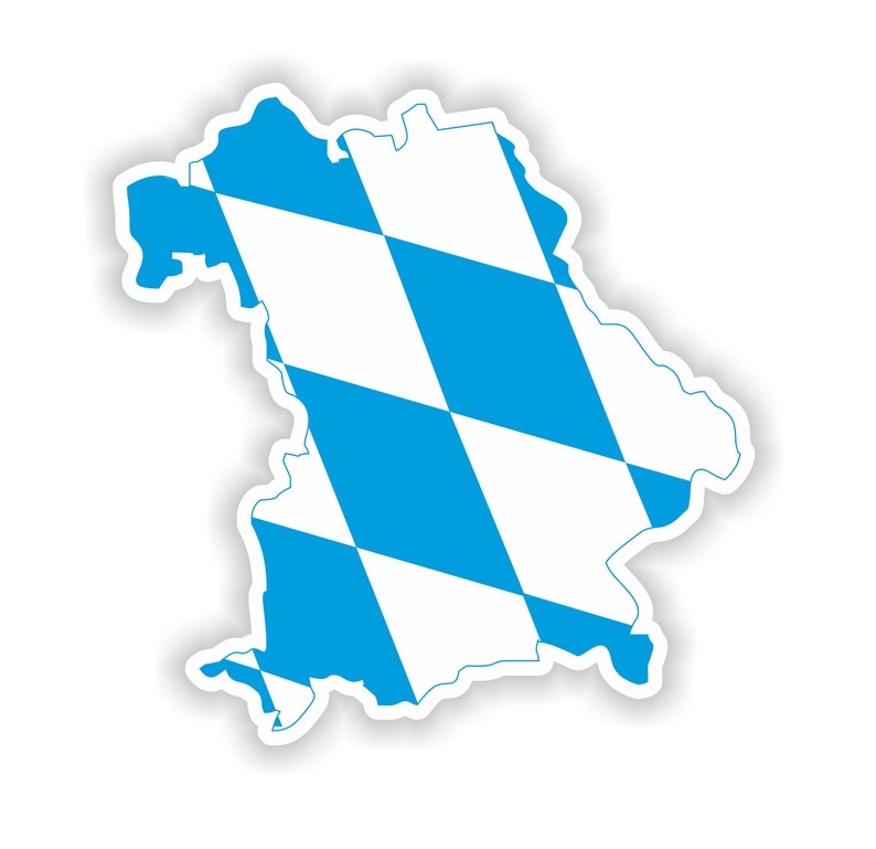 Könnte beinhalten: Eine blau-weiß karierte Karte von Bayern, Deutschland. Die Karte ist in der Form des Bundeslandes Bayern und hat einen weißen Rand.