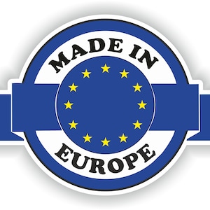 May include: A blue and white circular sticker with the text "Made in Europe" and a circle of yellow stars in the center.