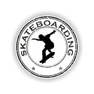 May include: Black and white distressed circle stamp with the text "Skateboarding" around the edge. A silhouette of a skateboarder performing a trick is in the center.
