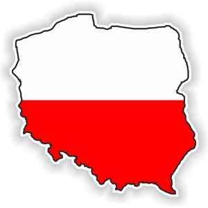 Op de afbeelding: Een witte en rode kaart van Polen. De kaart is zwart omlijnd en heeft een witte achtergrond met een rode streep aan de onderkant.