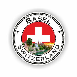 May include: A round sticker featuring the city of Basel, Switzerland. The design includes a red and white Swiss flag, a scenic view of the city, and the words "Basel Switzerland" in a circular arrangement.