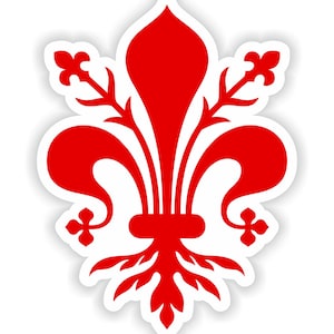 Può includere: Un giglio stilizzato rosso con un contorno bianco. Il giglio ha tre petali e uno stelo con foglie.