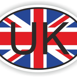 May include: A white oval sticker with a red, white, and blue Union Jack flag design. The letters "UK" are printed in black in the center of the sticker.