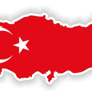 Op de afbeelding: Een rode omtrek van Turkije met een witte halve maan en ster in de linkerbovenhoek.