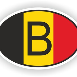 Könnte beinhalten: Ein ovaler Aufkleber in Schwarz, Gelb und Rot mit dem Buchstaben "B" in der Mitte. Der Aufkleber ist eine Darstellung der belgischen Flagge.