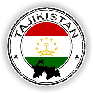 Może przedstawiać: Okrągła, czarno-biała pieczątka z napisem "TAJIKISTAN" wokół krawędzi. W środku pieczątki znajduje się flaga Tadżykistanu, poziomy trójkolorowy pas w kolorze czerwonym, białym i zielonym z złotą koroną i siedmioma gwiazdami na białym pasie. Czarnym kolorem zaznaczono również zarys Tadżykistanu.