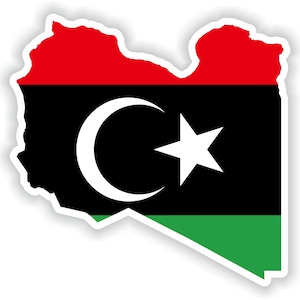 May include: A sticker of the flag of Libya, shaped like the country's outline. The flag is red, black, and green with a white crescent moon and star in the center.