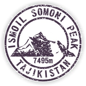 May include: A distressed, circular stamp with a purple mountain silhouette and the text "Ismoil Somoni Peak Tajikistan 7495m".