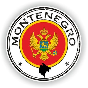 May include: A distressed, circular stamp with the word "MONTENEGRO" in black text around the edge. The center of the stamp features the coat of arms of Montenegro, a red and gold eagle with a crown, and a map of Montenegro in black.