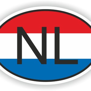 May include: A white oval sticker with a red, white, and blue flag design. The letters "NL" are in black on the white stripe of the flag.