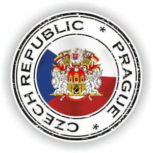 Peut inclure: Un timbre circulaire noir et blanc avec le texte "CZECH REPUBLIC" et "PRAGUE" en cercle autour d'une représentation du drapeau tchèque avec les armoiries de Prague.