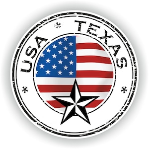Könnte beinhalten: Ein abgenutzter, runder Stempel mit den Worten "USA" und "TEXAS" in schwarzem Text um eine rot-weiß-blaue amerikanische Flagge mit einem schwarzen fünfzackigen Stern in der Mitte.