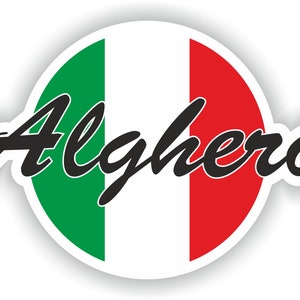 May include: A round sticker with the Italian flag colors, green, white, and red, and the word "Alghero" written in black cursive.