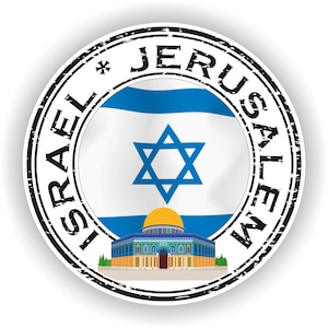 Könnte beinhalten: Ein schwarzer und weißer runder Stempel mit dem Text "ISRAEL*JERUSALEM" am Rand. Die Mitte des Stempels zeigt die israelische Flagge mit einem blauen Davidstern und eine Darstellung des Felsendoms.