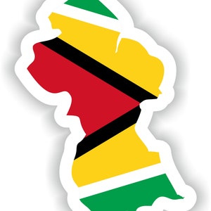 May include: A sticker of the outline of Guyana with the country's flag colors: green, gold, black, and red.