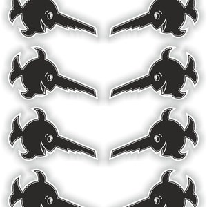 Puede incluir: Conjunto de ocho peces de dibujos animados en blanco y negro con una nariz en forma de llave. Los peces sonríen y tienen ojos grandes.