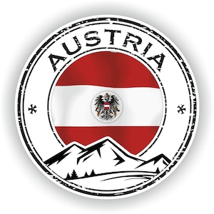 Puede incluir: Un sello circular en blanco y negro con la palabra "AUSTRIA" en un círculo alrededor de una bandera austriaca roja y blanca con un escudo de armas. El sello también presenta una silueta en blanco y negro de montañas.