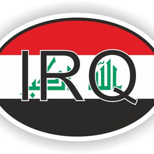 Peut inclure: Un autocollant ovale avec le drapeau de l'Irak. Le drapeau est rouge, blanc et noir avec une inscription arabe verte. Le mot "IRQ" est imprimé en lettres noires sur le drapeau.