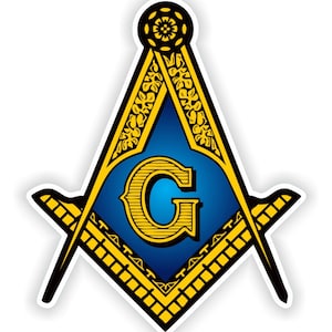 Puede incluir: Un símbolo masónico dorado y azul con una letra G estilizada en el centro. El símbolo es una escuadra y un compás con un borde decorativo.