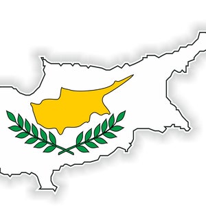 Puede incluir: Un contorno blanco de la isla de Chipre con un mapa amarillo de la isla y dos ramas de olivo verdes dentro del contorno.