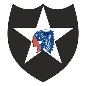 May include: A white star with a black outline, inside a black shield with rounded edges. A Native American profile wearing a blue and white headdress is centered in the star.