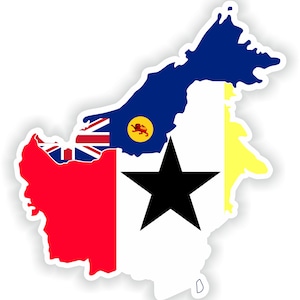 May include: A stylized map of Malaysia with the flags of the states of Sabah, Sarawak, and the Federal Territories. The map is outlined in white and has a shadow effect.