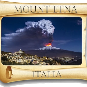 May include: A night time photo of Mount Etna, a volcano in Italy, erupting with smoke and lava. The volcano is in the background, with a town in the foreground. The sky is dark blue with stars.