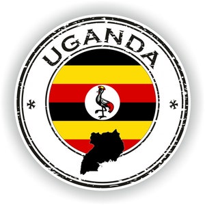 May include: A black and white circular stamp with the word "UGANDA" in a white circle. The centre of the stamp features the flag of Uganda with a black silhouette of the country's outline.