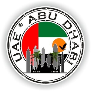 May include: A black and white distressed circular stamp with the text "UAE*ABU DHABI" around the edge. The center of the stamp features the flag of the United Arab Emirates and a silhouette of the Abu Dhabi skyline.